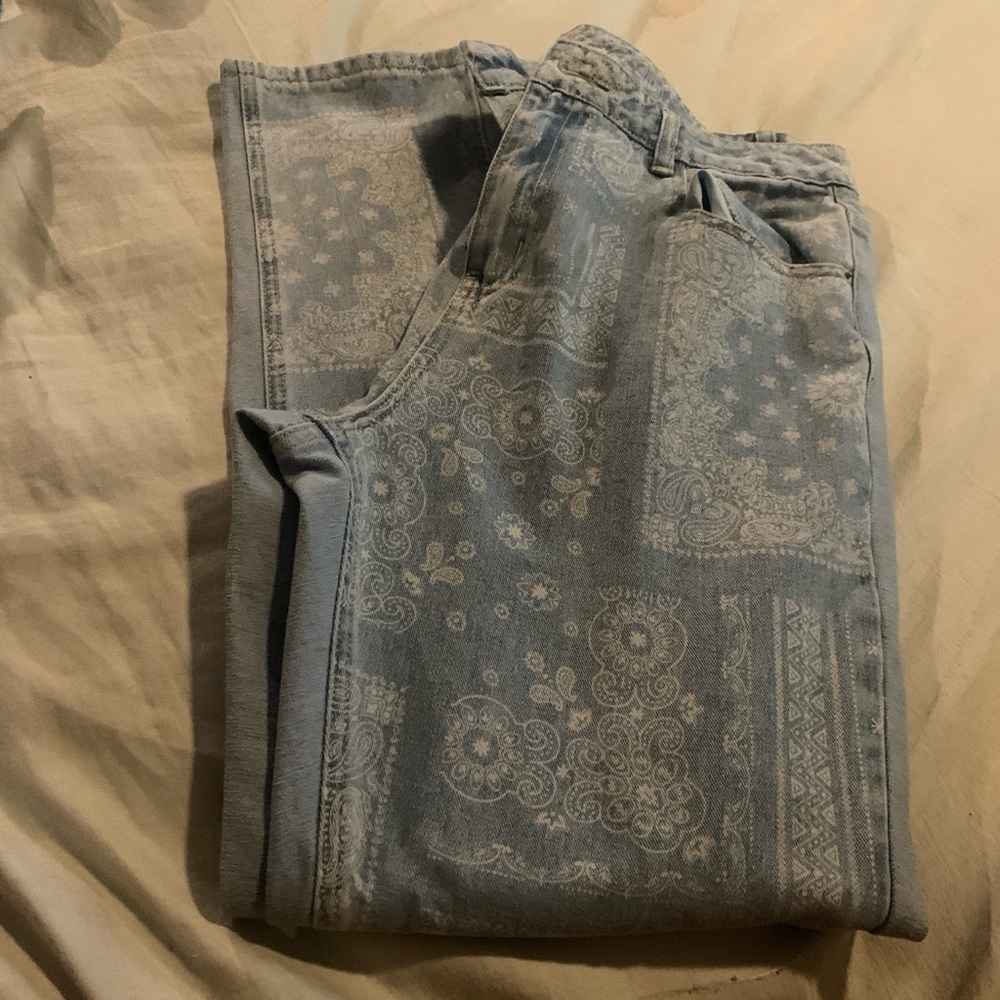 Elegant Light Blue Patterned Straight Leg Jeans